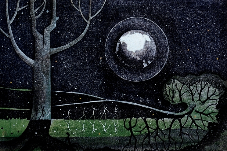 Hiroshi Abo, *Playing with the Moon*, 1982, Woodcut