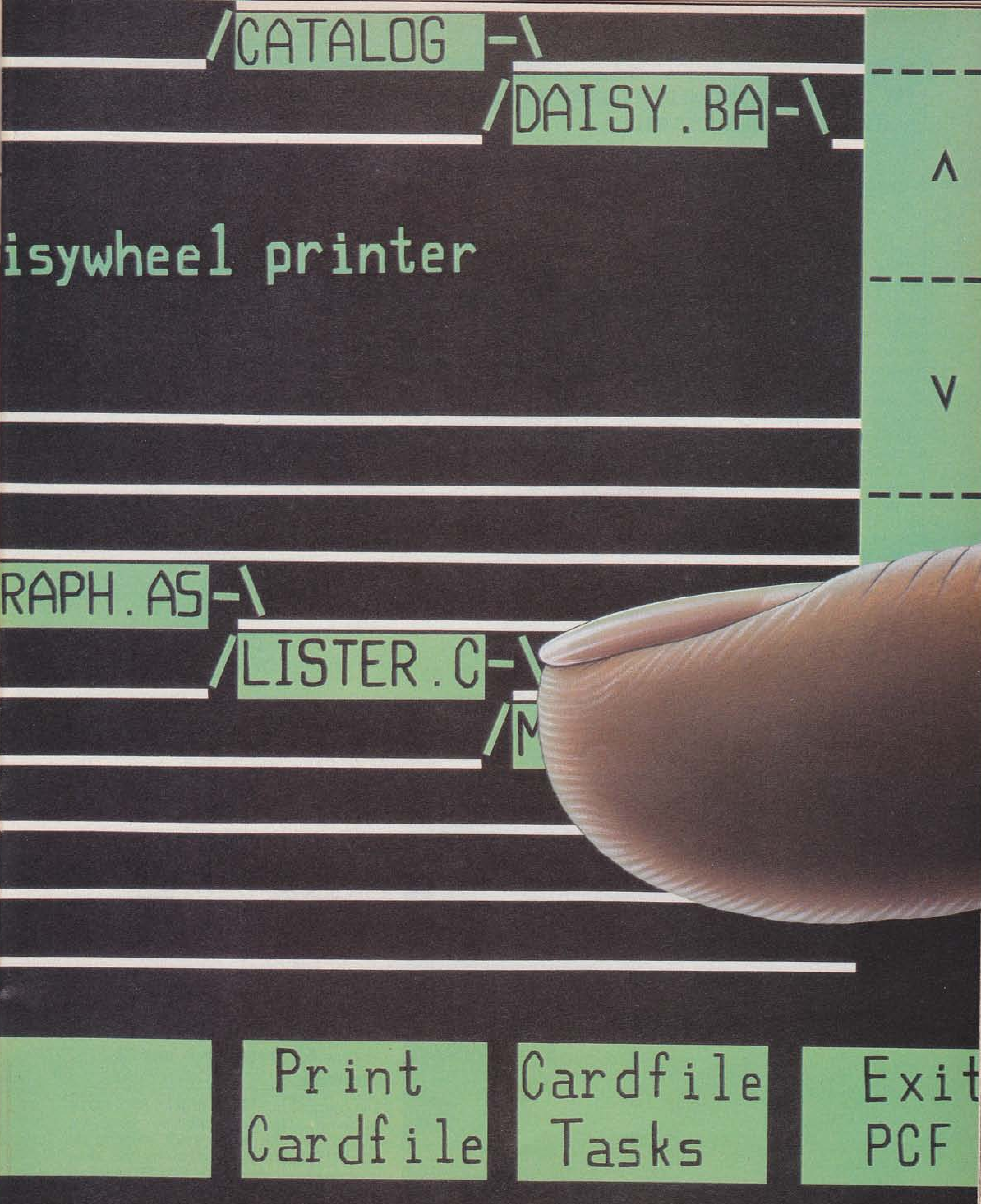 Tommy Soloski: Illustration from the article “Putting a Finger On the Hp150” in _Professional computing_ (April 1984).