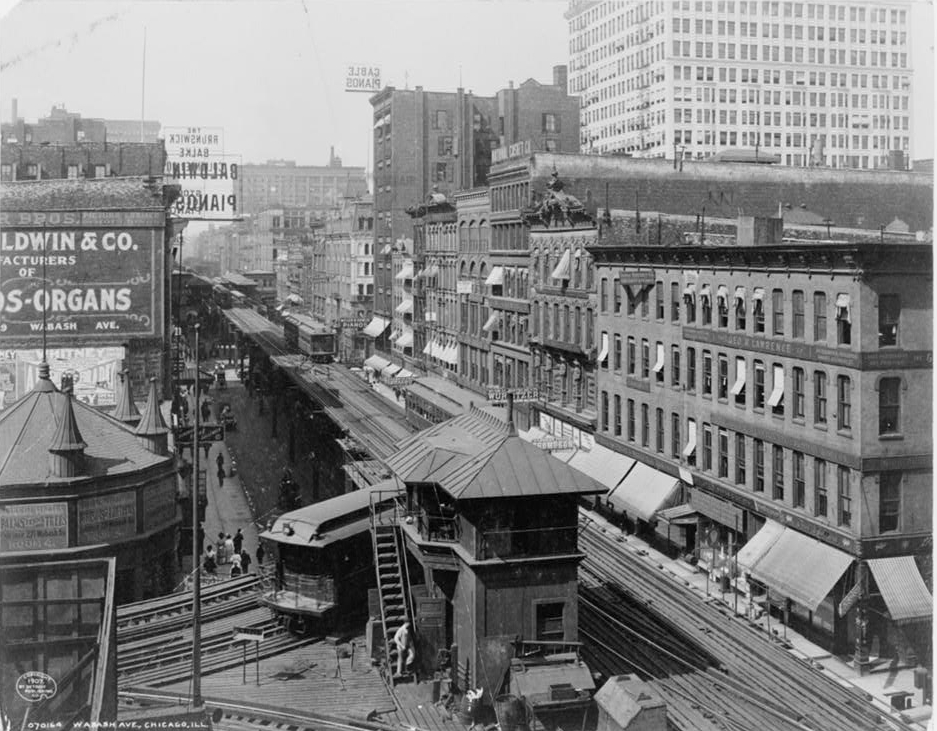 Bird's-eye view of Wabash Ave., Chicago, Illinois, showing elevated railroad.